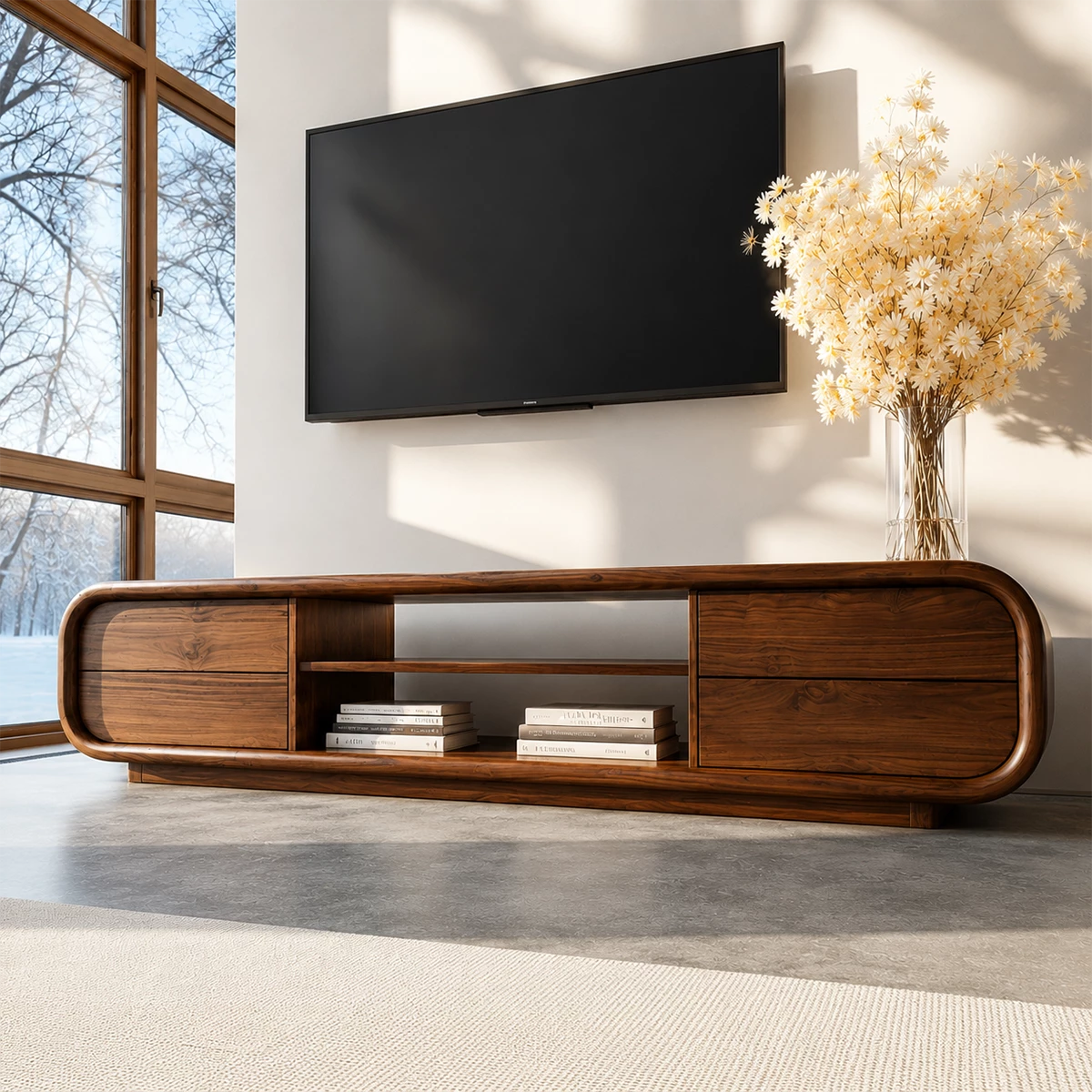 Natural Solid Wood TV Stand with Two Side Cabinets and Central Open Shelf - Livewoodcraft - 7