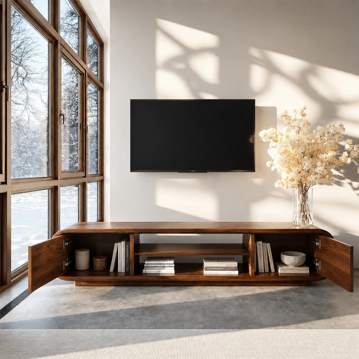 Natural Solid Wood TV Stand with Two Side Cabinets and Central Open Shelf - Livewoodcraft - 8