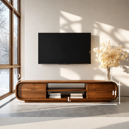 Natural Solid Wood TV Stand with Two Side Cabinets and Central Open Shelf - Livewoodcraft - 9