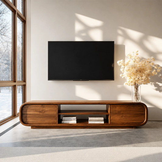 Natural Solid Wood TV Stand with Two Side Cabinets and Central Open Shelf - Livewoodcraft