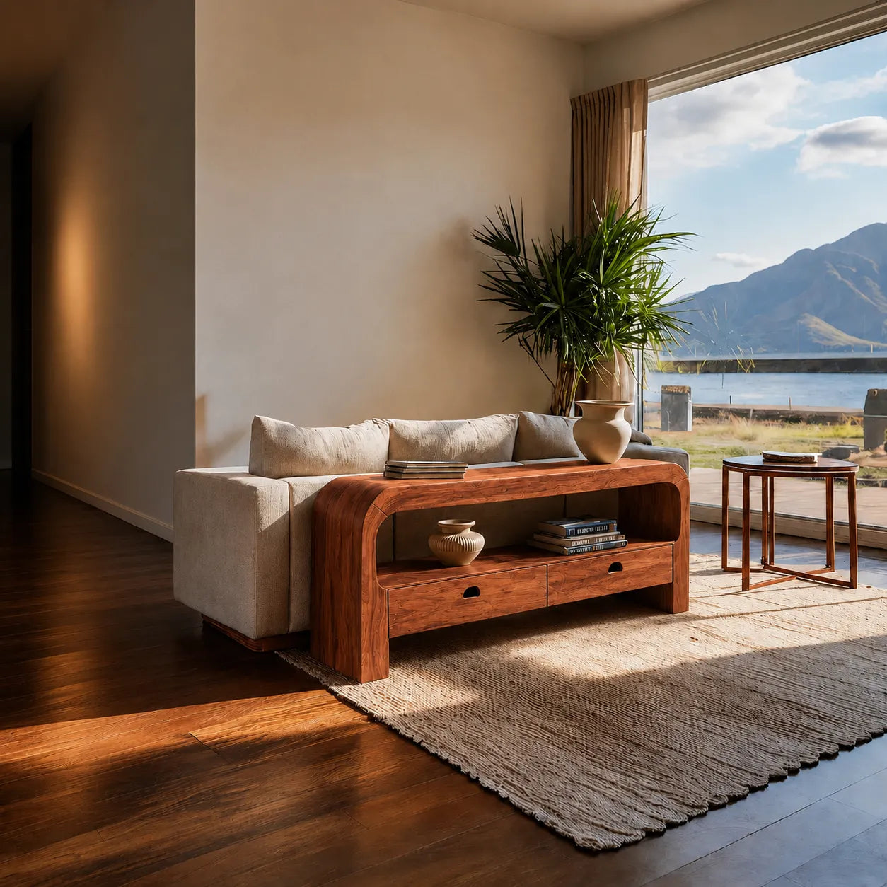 Natural Solid Wood Waterfall Sofa Console Table with Storage Drawers - Livewoodcraft - 2