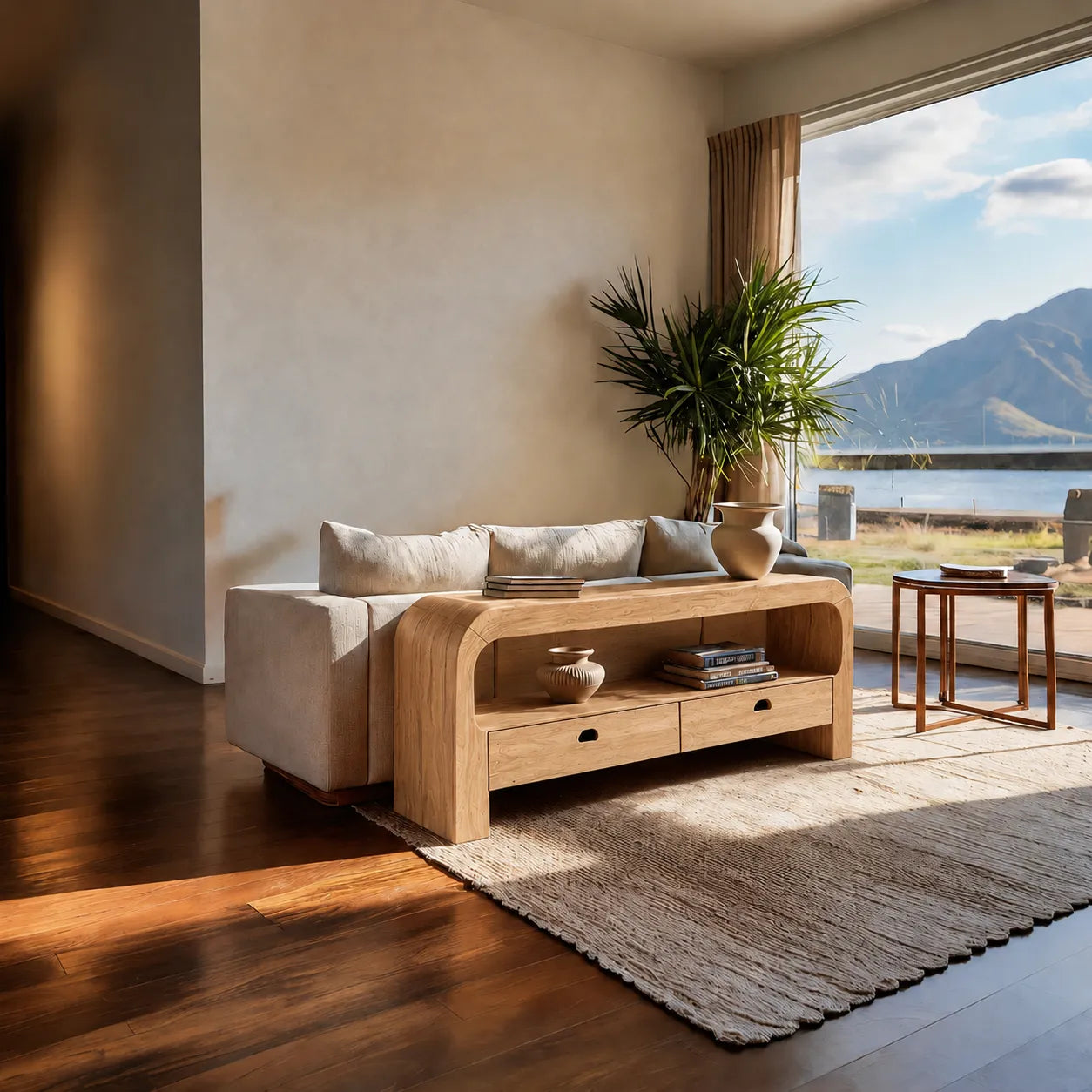 Natural Solid Wood Waterfall Sofa Console Table with Storage Drawers - Livewoodcraft - 3