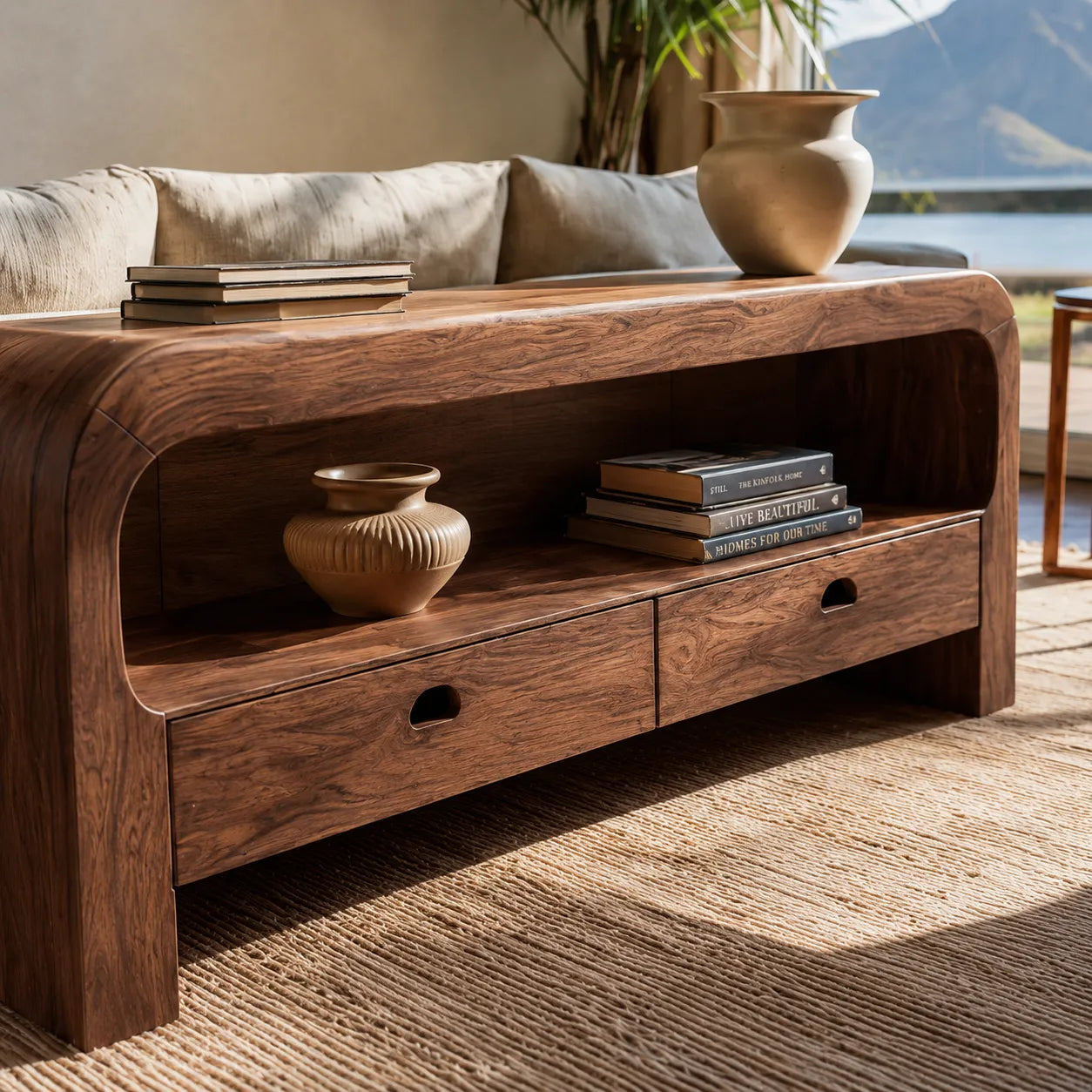 Natural Solid Wood Waterfall Sofa Console Table with Storage Drawers - Livewoodcraft - 6