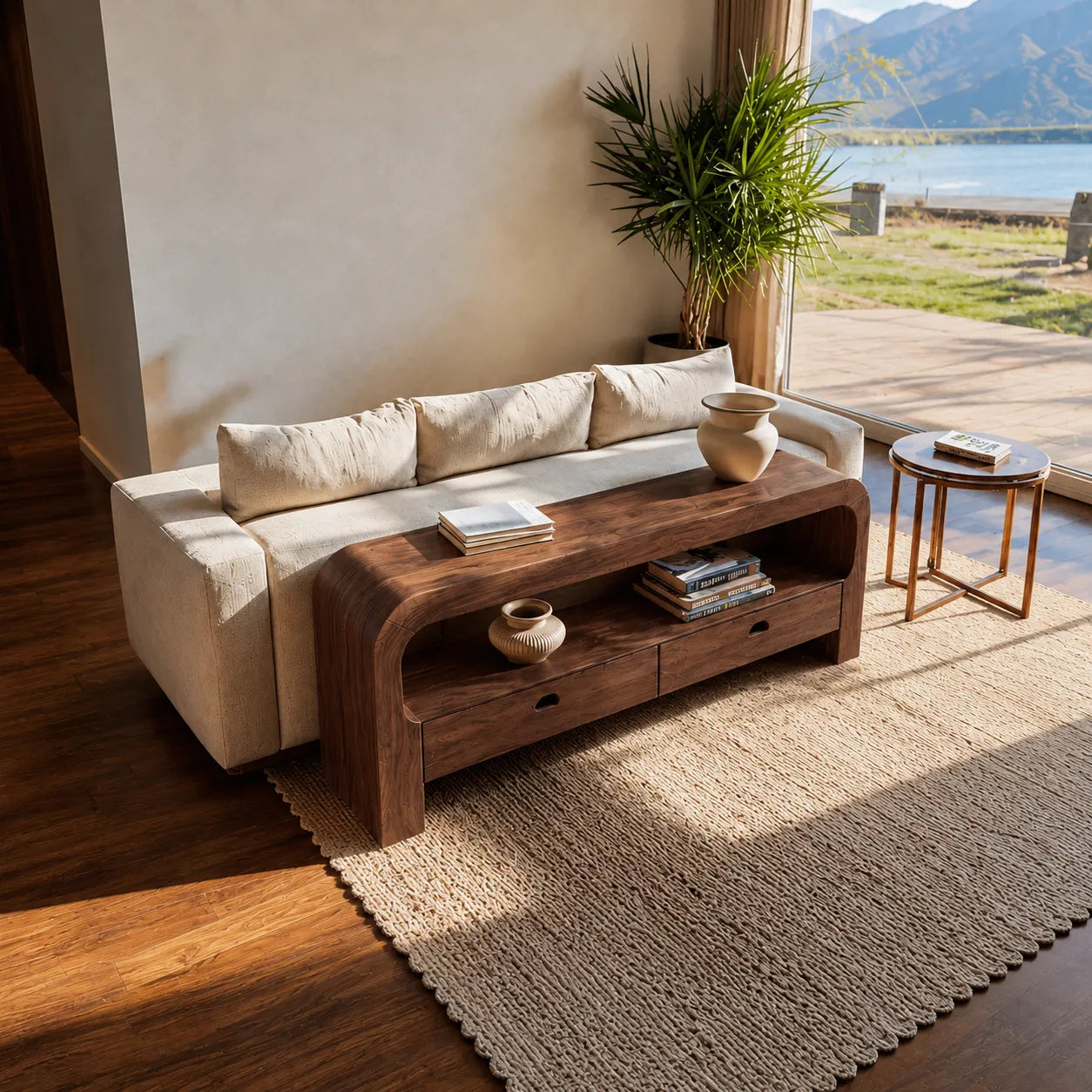 Natural Solid Wood Waterfall Sofa Console Table with Storage Drawers - Livewoodcraft - 7
