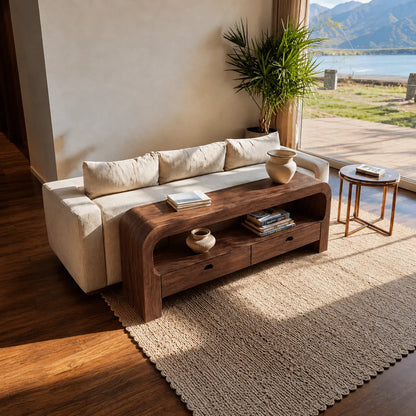 Natural Solid Wood Waterfall Sofa Console Table with Storage Drawers - Livewoodcraft - 7