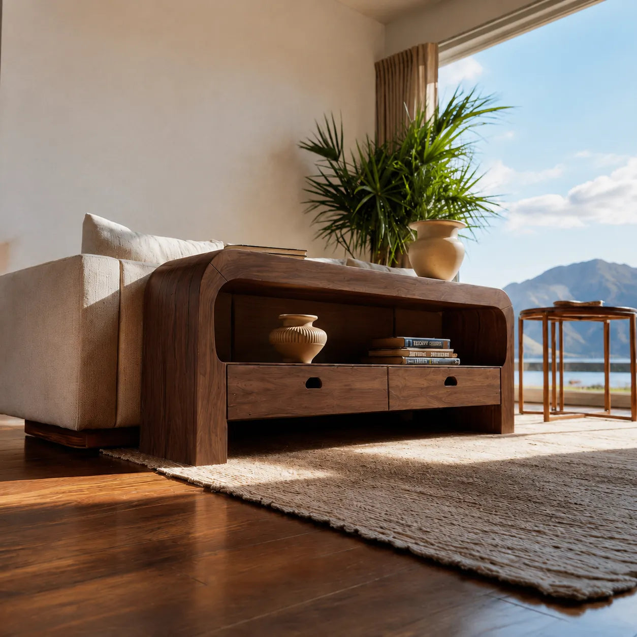 Natural Solid Wood Waterfall Sofa Console Table with Storage Drawers - Livewoodcraft - 8