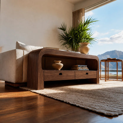 Natural Solid Wood Waterfall Sofa Console Table with Storage Drawers - Livewoodcraft - 8
