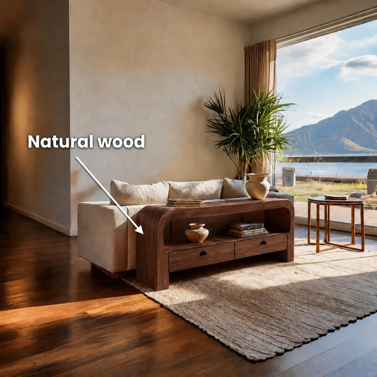 Natural Solid Wood Waterfall Sofa Console Table with Storage Drawers - Livewoodcraft - 9