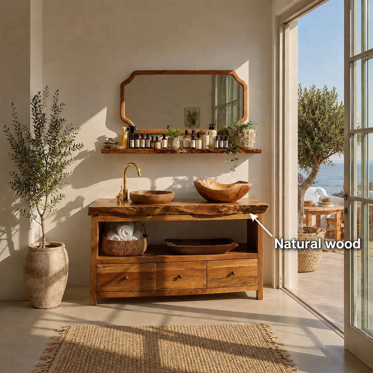 Natural Wood Bathroom Vanity With Double Vessel Sinks & Open Storage - Livewoodcraft - 10
