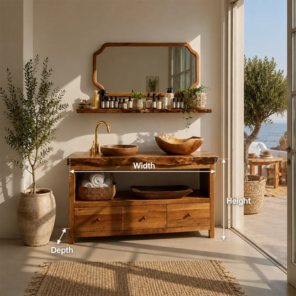 Natural Wood Bathroom Vanity With Double Vessel Sinks & Open Storage - Livewoodcraft - 11