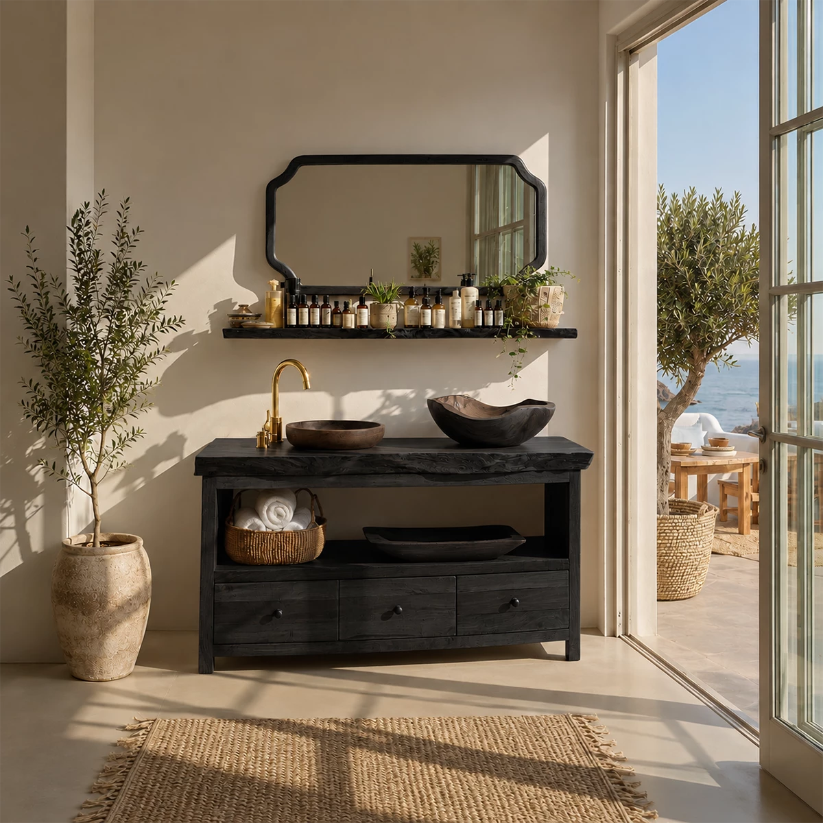 Natural Wood Bathroom Vanity With Double Vessel Sinks & Open Storage - Livewoodcraft - 2