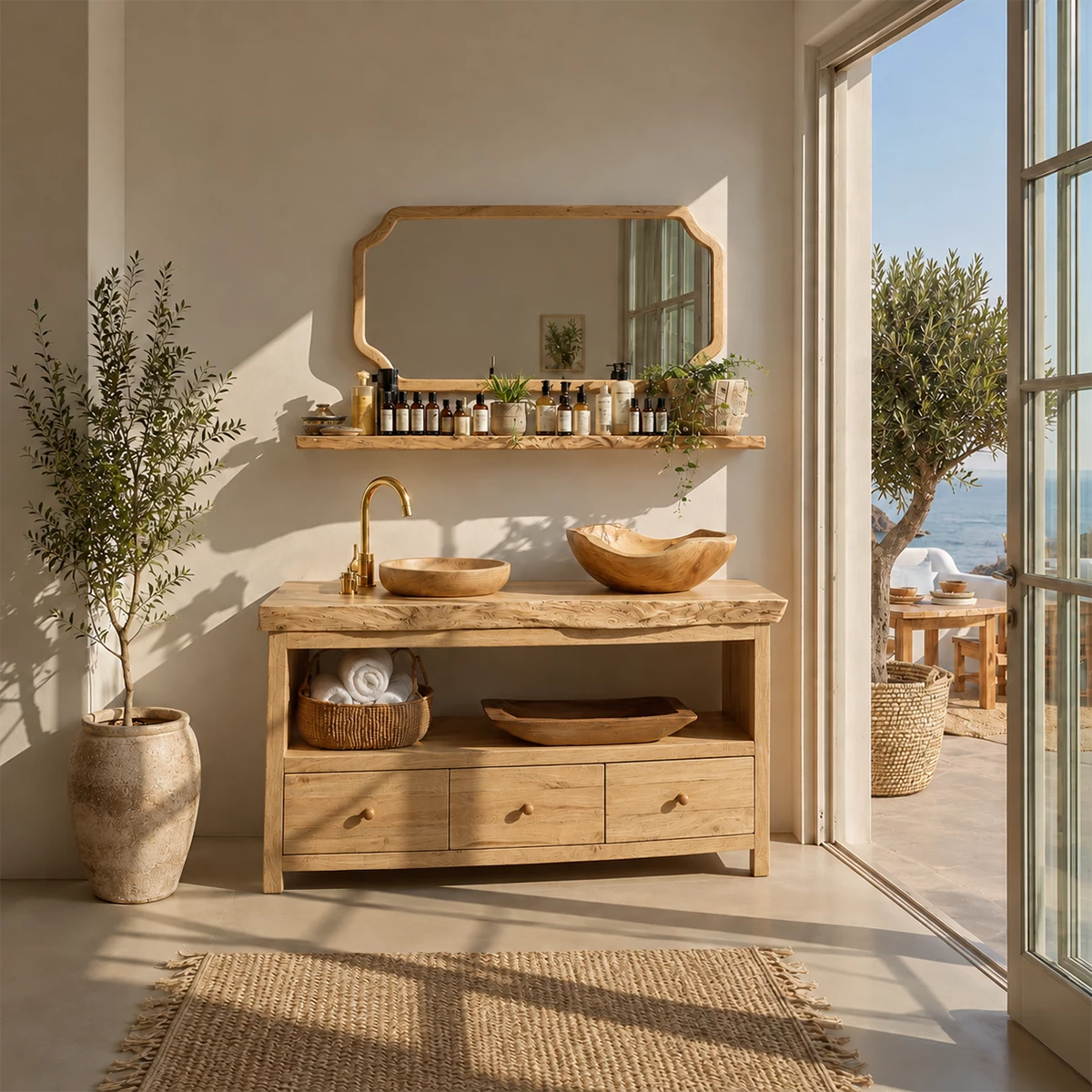 Natural Wood Bathroom Vanity With Double Vessel Sinks & Open Storage - Livewoodcraft - 3