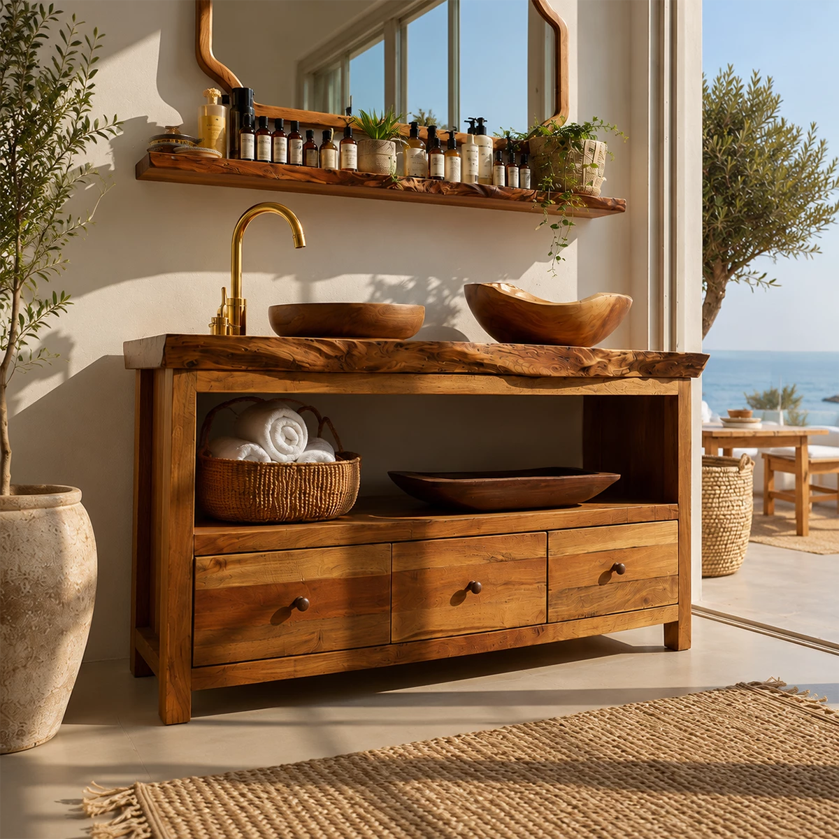 Natural Wood Bathroom Vanity With Double Vessel Sinks & Open Storage - Livewoodcraft - 5