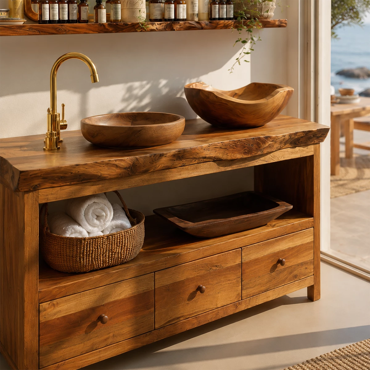 Natural Wood Bathroom Vanity With Double Vessel Sinks & Open Storage - Livewoodcraft - 6