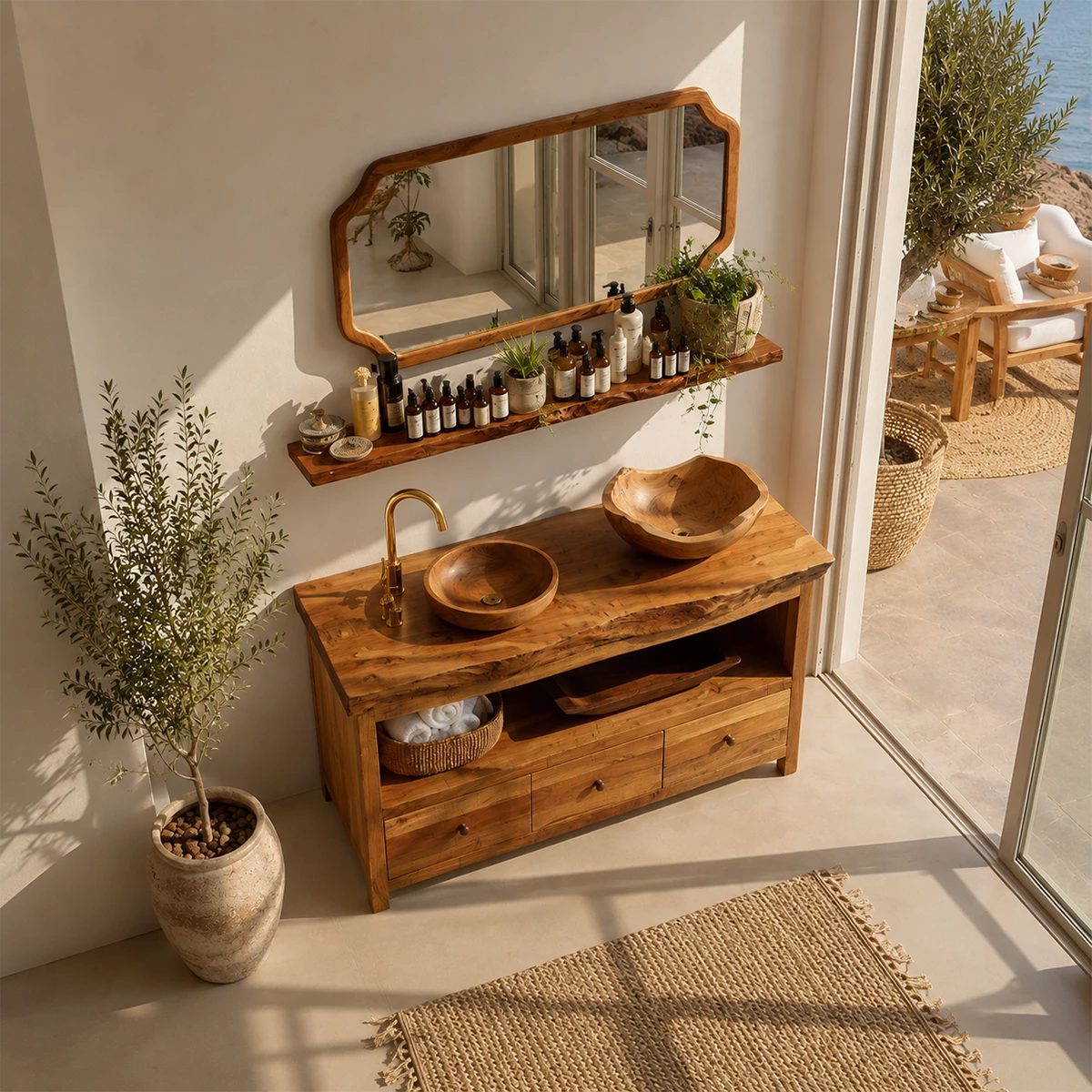 Natural Wood Bathroom Vanity With Double Vessel Sinks & Open Storage - Livewoodcraft - 7