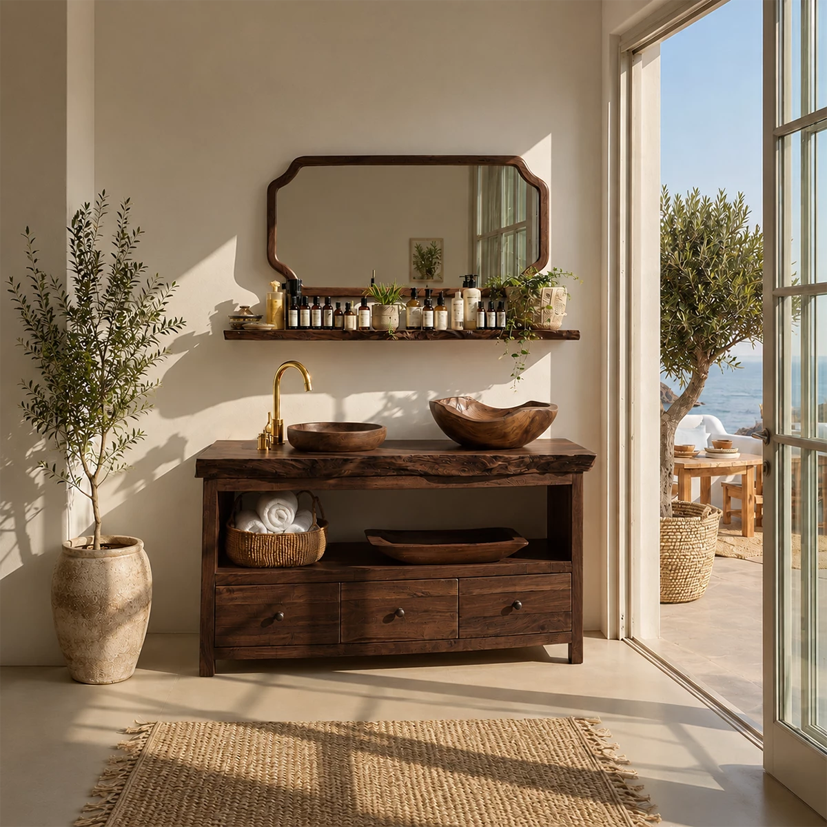 Natural Wood Bathroom Vanity With Double Vessel Sinks & Open Storage - Livewoodcraft - 9