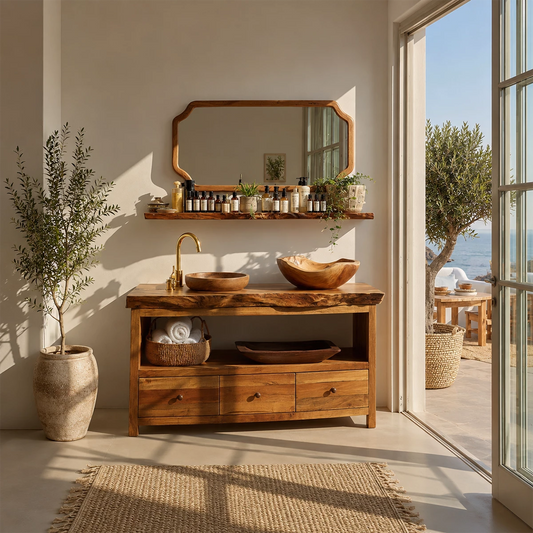 Natural Wood Bathroom Vanity With Double Vessel Sinks & Open Storage - Livewoodcraft
