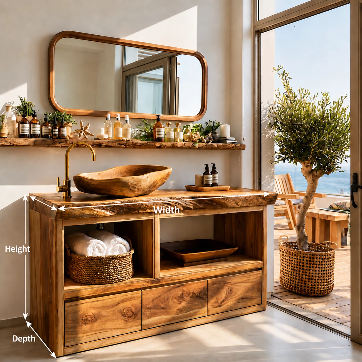 Natural Wood Bathroom Vanity With Live Edge Countertop & Open Storage - Livewoodcraft - 10