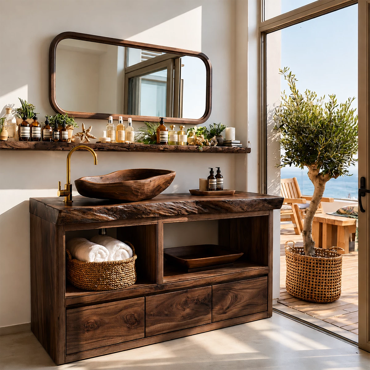 Natural Wood Bathroom Vanity With Live Edge Countertop & Open Storage - Livewoodcraft - 2