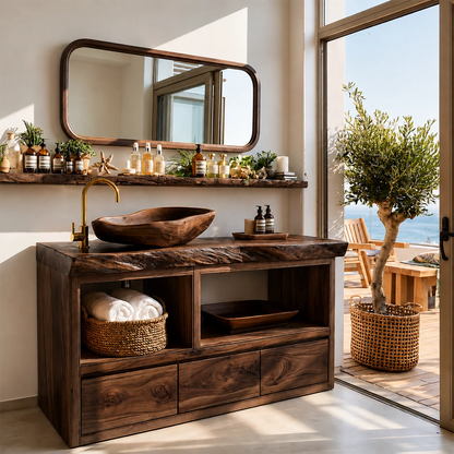 Natural Wood Bathroom Vanity With Live Edge Countertop & Open Storage - Livewoodcraft - 2