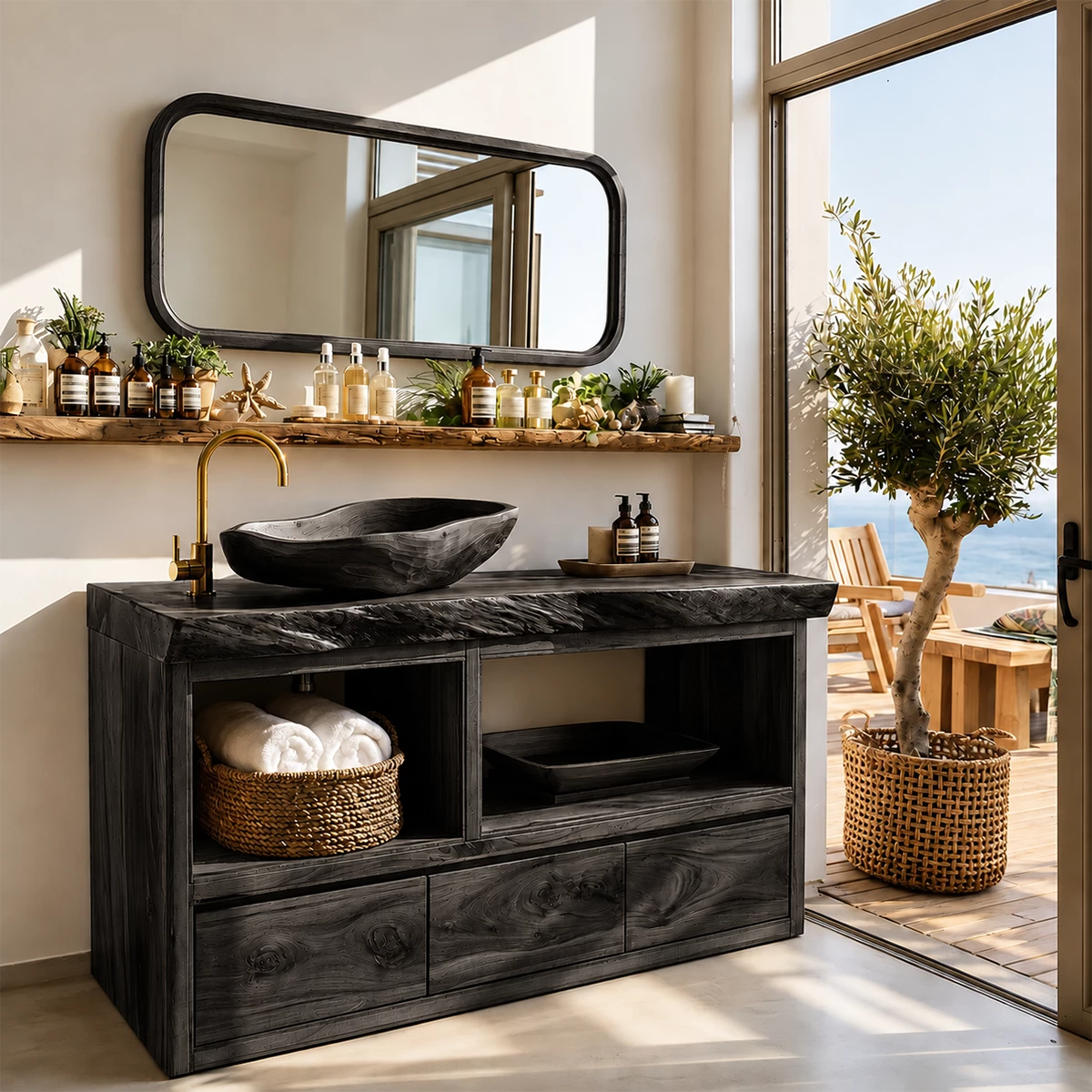 Natural Wood Bathroom Vanity With Live Edge Countertop & Open Storage - Livewoodcraft - 3