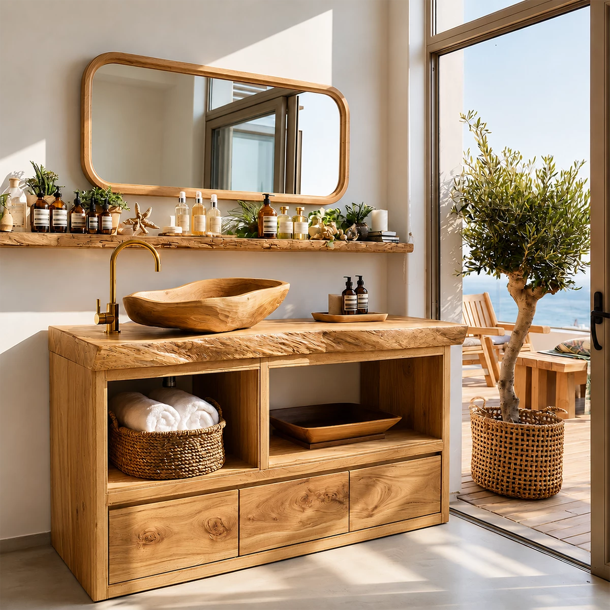 Natural Wood Bathroom Vanity With Live Edge Countertop & Open Storage - Livewoodcraft - 4