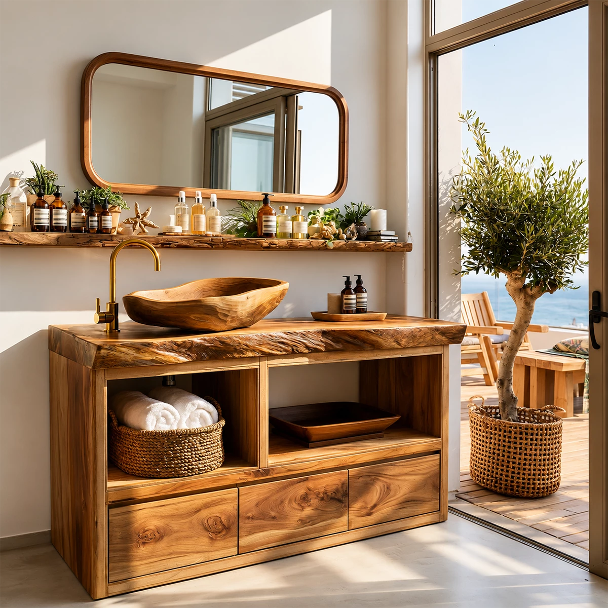 Natural Wood Bathroom Vanity With Live Edge Countertop & Open Storage - Livewoodcraft - 5