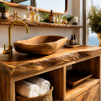 Natural Wood Bathroom Vanity With Live Edge Countertop & Open Storage - Livewoodcraft - 6