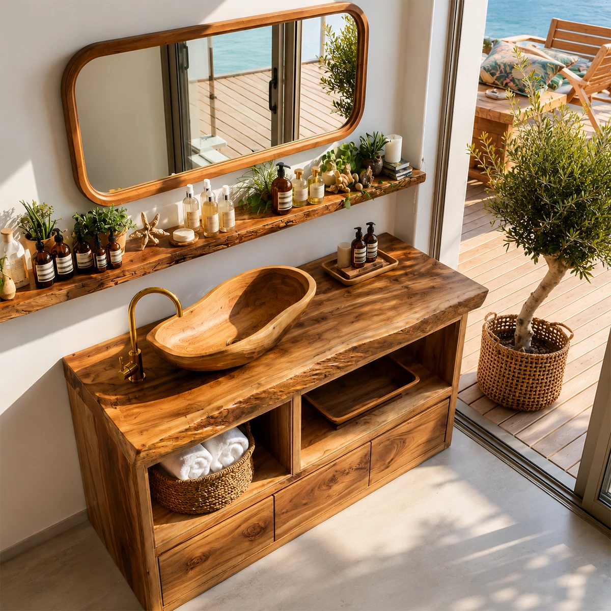Natural Wood Bathroom Vanity With Live Edge Countertop & Open Storage - Livewoodcraft - 7