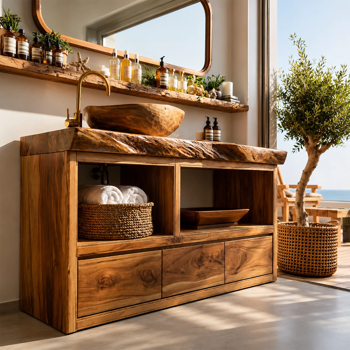 Natural Wood Bathroom Vanity With Live Edge Countertop & Open Storage - Livewoodcraft - 8