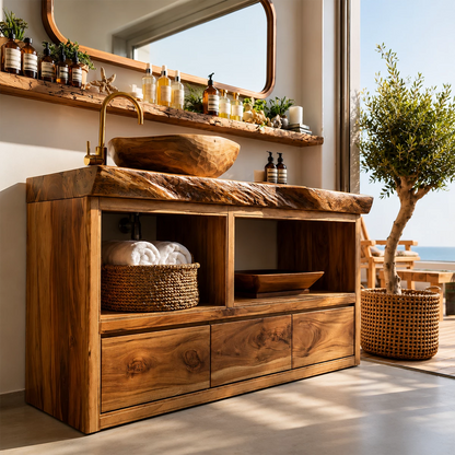 Natural Wood Bathroom Vanity With Live Edge Countertop & Open Storage - Livewoodcraft - 8