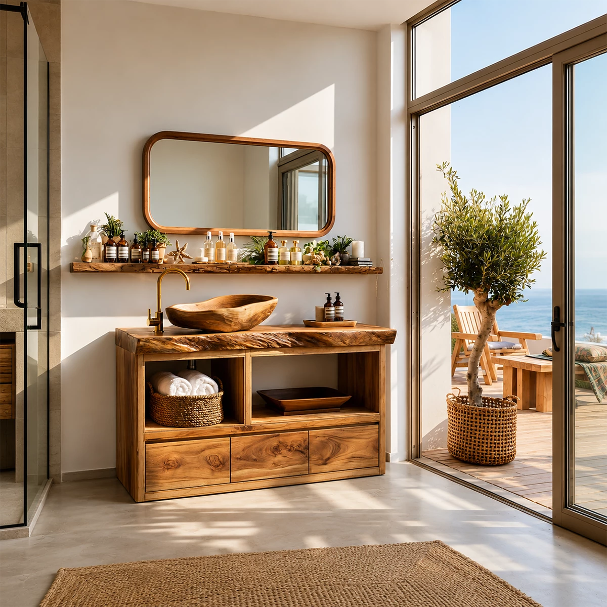 Natural Wood Bathroom Vanity With Live Edge Countertop & Open Storage - Livewoodcraft - 9