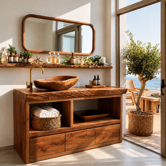 Natural Wood Bathroom Vanity With Live Edge Countertop & Open Storage - Livewoodcraft