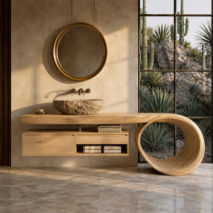 Organic Floating Bathroom Vanity With Live Edge Wood Top & Sculptural Loop Base - Livewoodcraft - 2