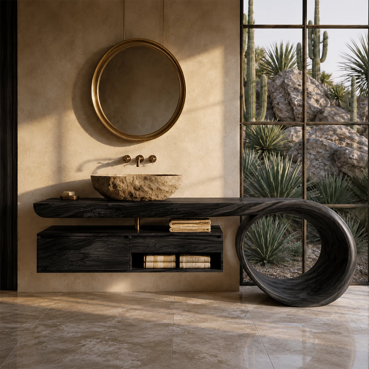 Organic Floating Bathroom Vanity With Live Edge Wood Top & Sculptural Loop Base - Livewoodcraft - 3
