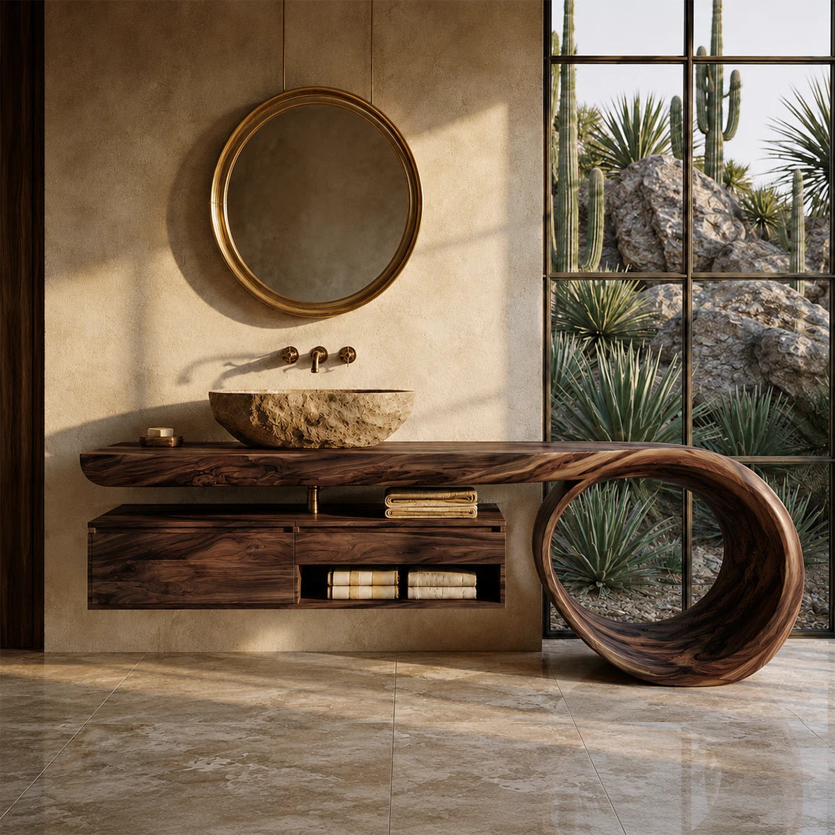 Organic Floating Bathroom Vanity With Live Edge Wood Top & Sculptural Loop Base - Livewoodcraft - 4