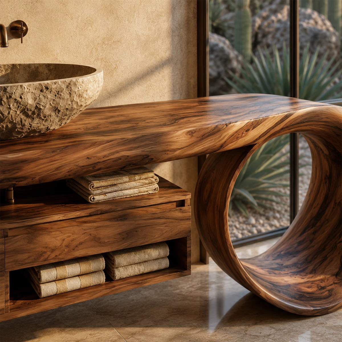 Organic Floating Bathroom Vanity With Live Edge Wood Top & Sculptural Loop Base - Livewoodcraft - 5