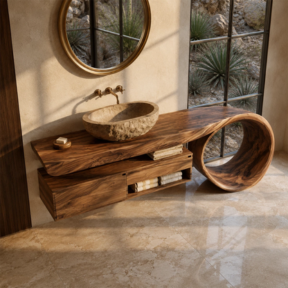 Organic Floating Bathroom Vanity With Live Edge Wood Top & Sculptural Loop Base - Livewoodcraft - 6