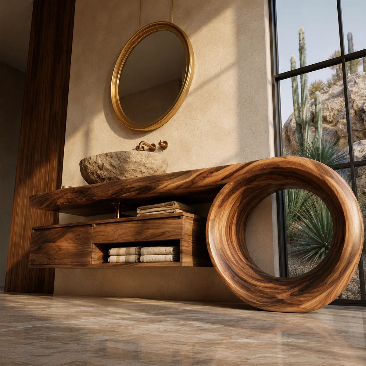 Organic Floating Bathroom Vanity With Live Edge Wood Top & Sculptural Loop Base - Livewoodcraft - 7