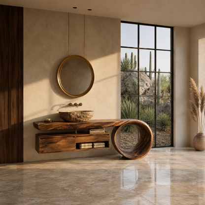 Organic Floating Bathroom Vanity With Live Edge Wood Top & Sculptural Loop Base - Livewoodcraft - 8
