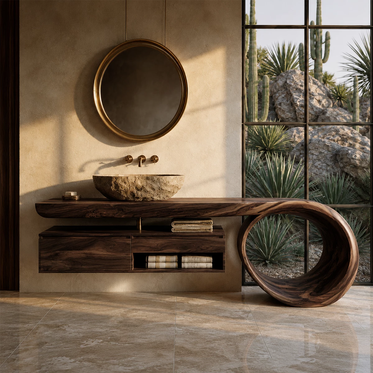 Organic Floating Bathroom Vanity With Live Edge Wood Top & Sculptural Loop Base - Livewoodcraft - 9