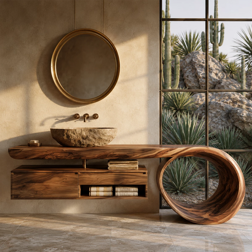 Organic Floating Bathroom Vanity With Live Edge Wood Top & Sculptural Loop Base - Livewoodcraft