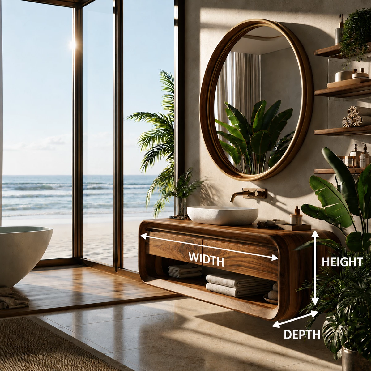 Organic Floating Bathroom Vanity With Rounded Wood Frame & Open Storage - Livewoodcraft - 11
