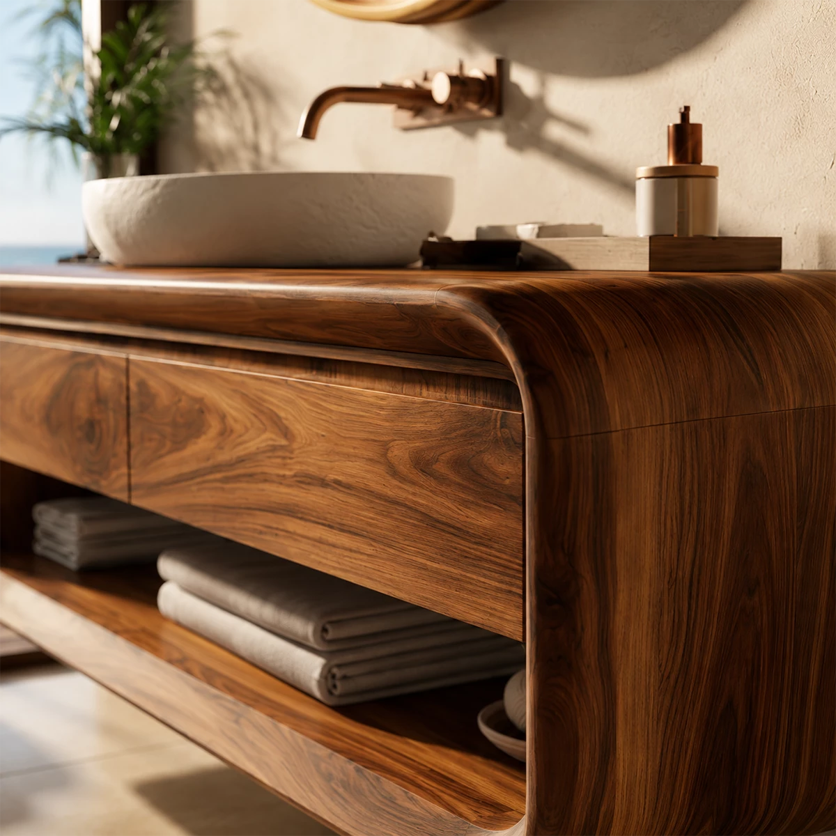 Organic Floating Bathroom Vanity With Rounded Wood Frame & Open Storage - Livewoodcraft - 2