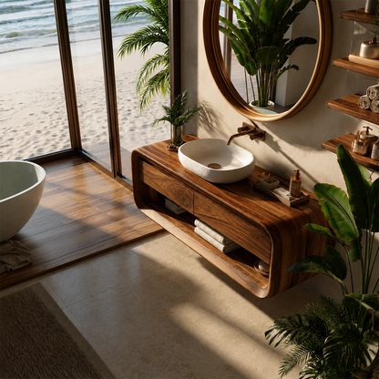 Organic Floating Bathroom Vanity With Rounded Wood Frame & Open Storage - Livewoodcraft - 3