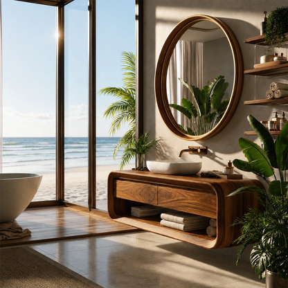 Organic Floating Bathroom Vanity With Rounded Wood Frame & Open Storage - Livewoodcraft - 5