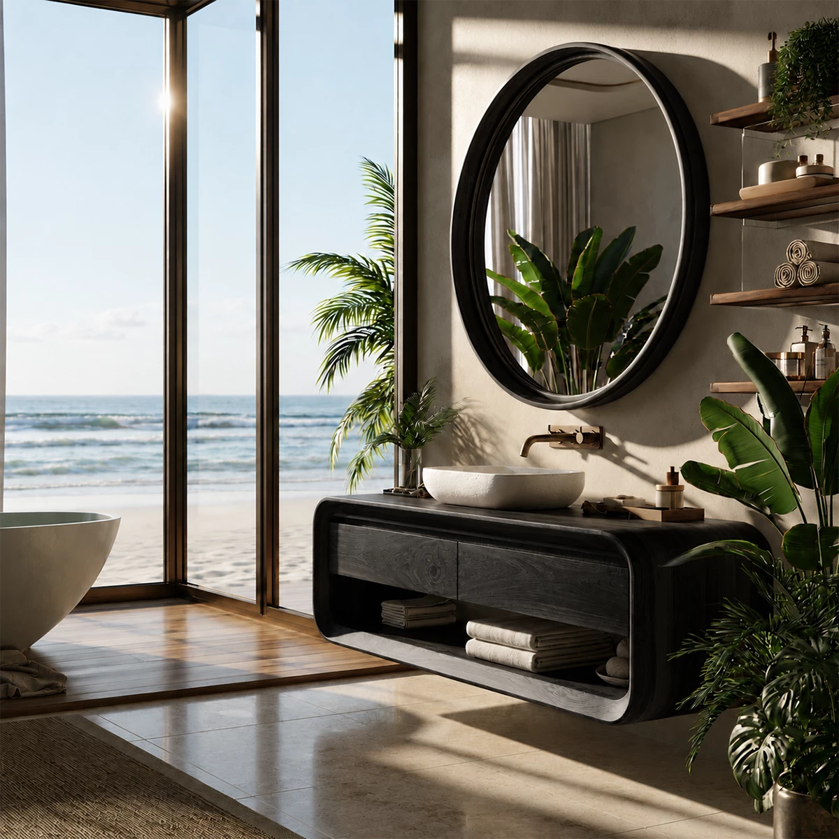 Organic Floating Bathroom Vanity With Rounded Wood Frame & Open Storage - Livewoodcraft - 6