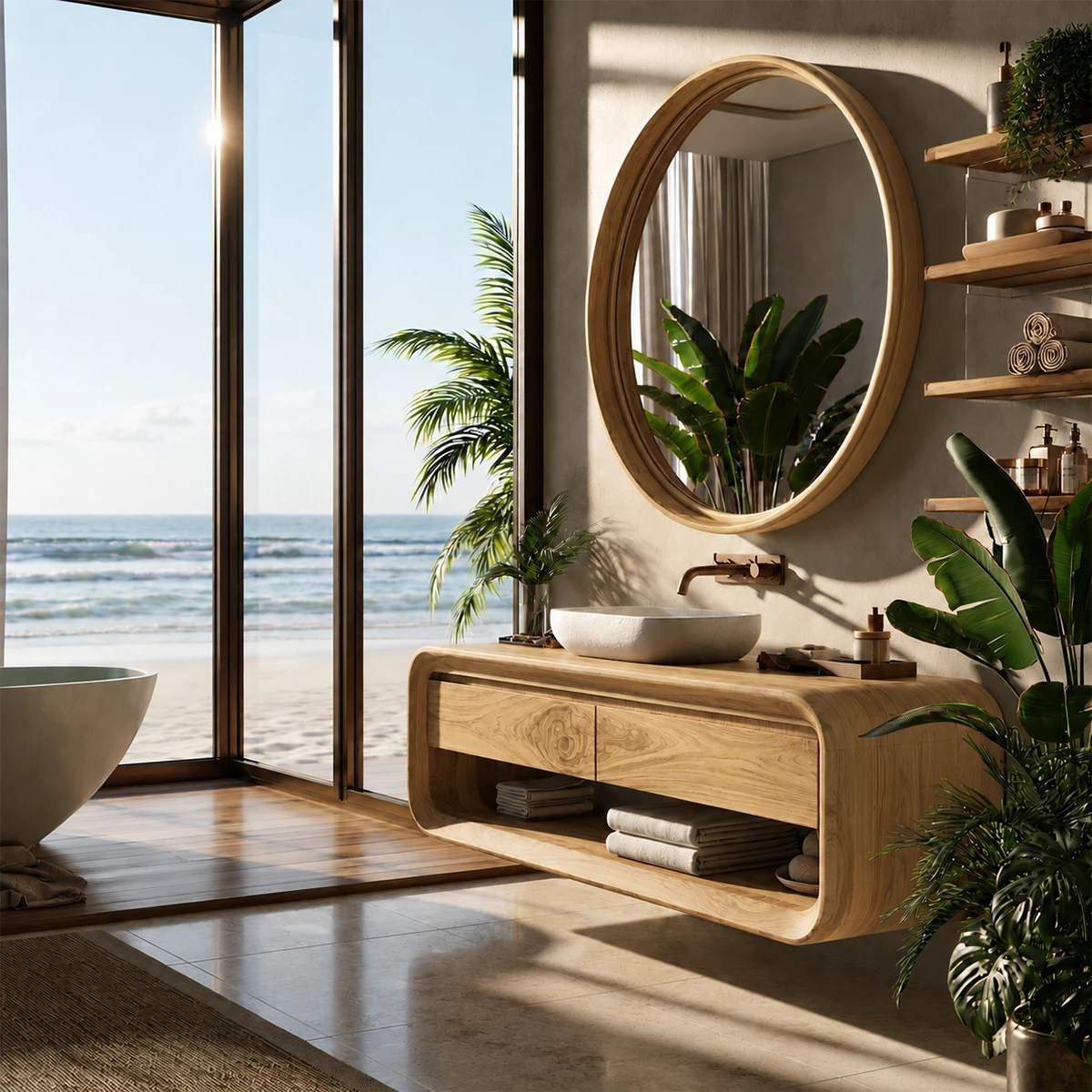 Organic Floating Bathroom Vanity With Rounded Wood Frame & Open Storage - Livewoodcraft - 7