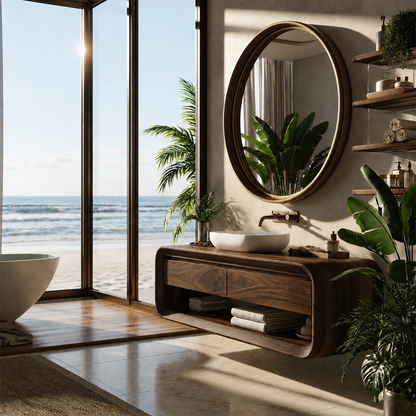 Organic Floating Bathroom Vanity With Rounded Wood Frame & Open Storage - Livewoodcraft - 8