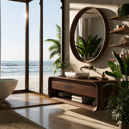 Organic Floating Bathroom Vanity With Rounded Wood Frame & Open Storage - Livewoodcraft - 9
